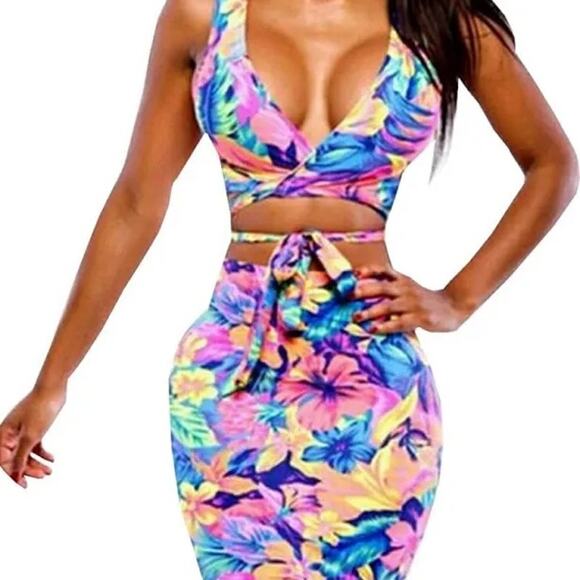 NWT UGET Bodycon Tropical Floral Midi Skirt Tie Crop Top Set Large Womens Beach - Picture 1 of 12